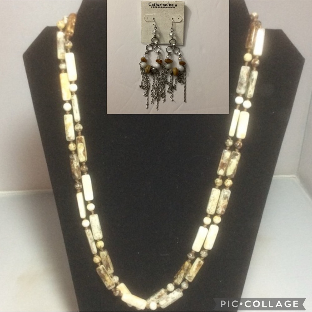 NEW Catherine Stein  Earthtone Stone Necklace & Pierced Earring Set